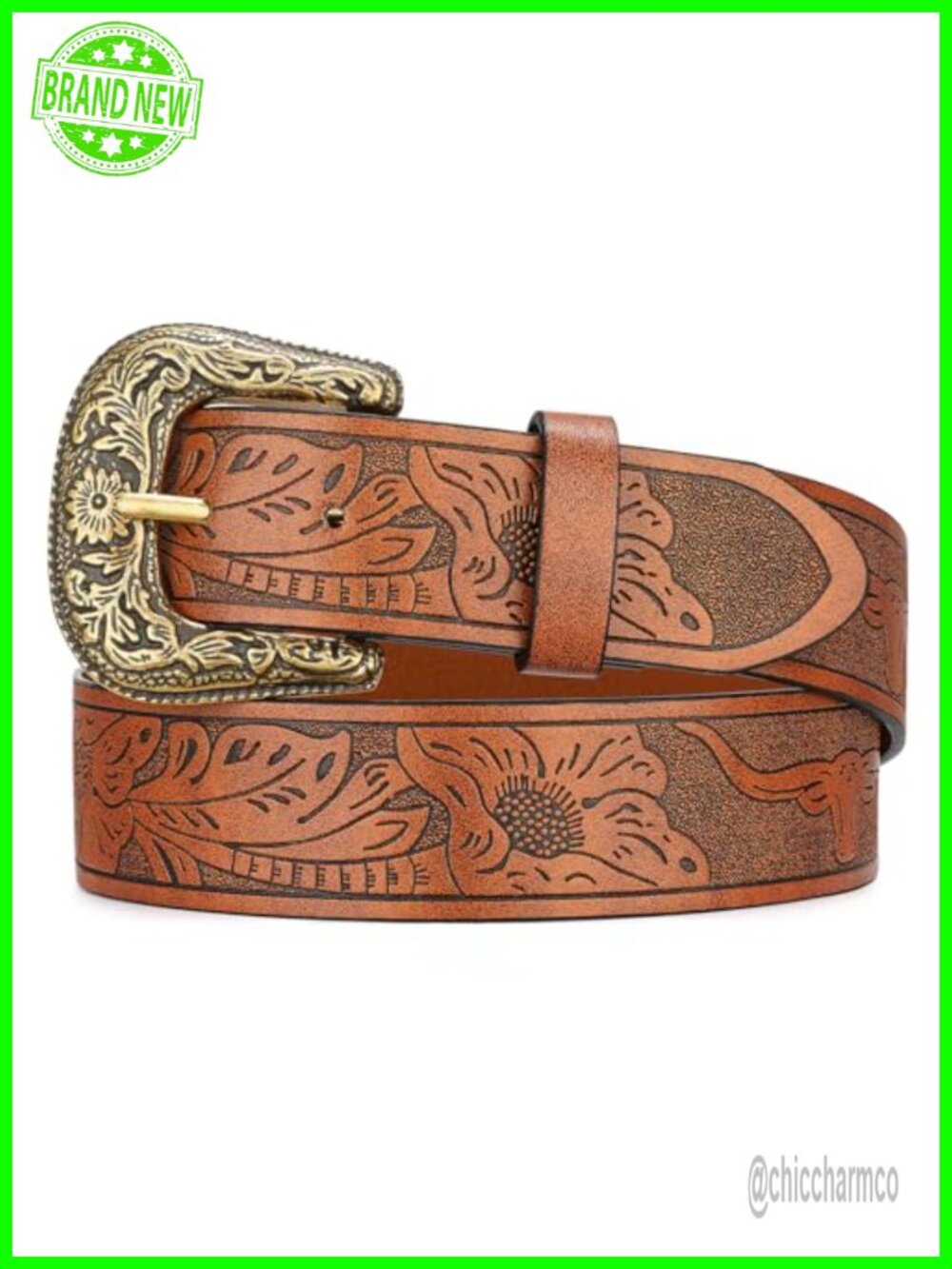 Western Engraved Buckle Belt for Women - PU Leather Floral Cowgirl Jeans Dress